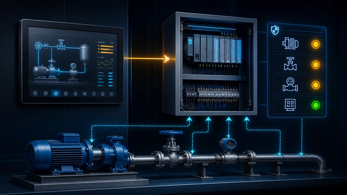 HMI sends a request to a PLC while the PLC receives independent pump, valve and flow feedback