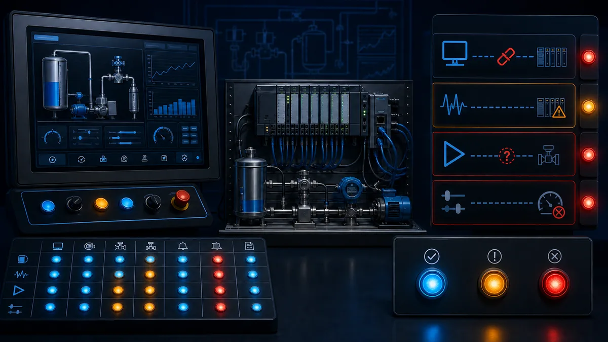 PLC and HMI test bench with icon-only evidence for lost communication, stale data, missing feedback and rejected setpoint