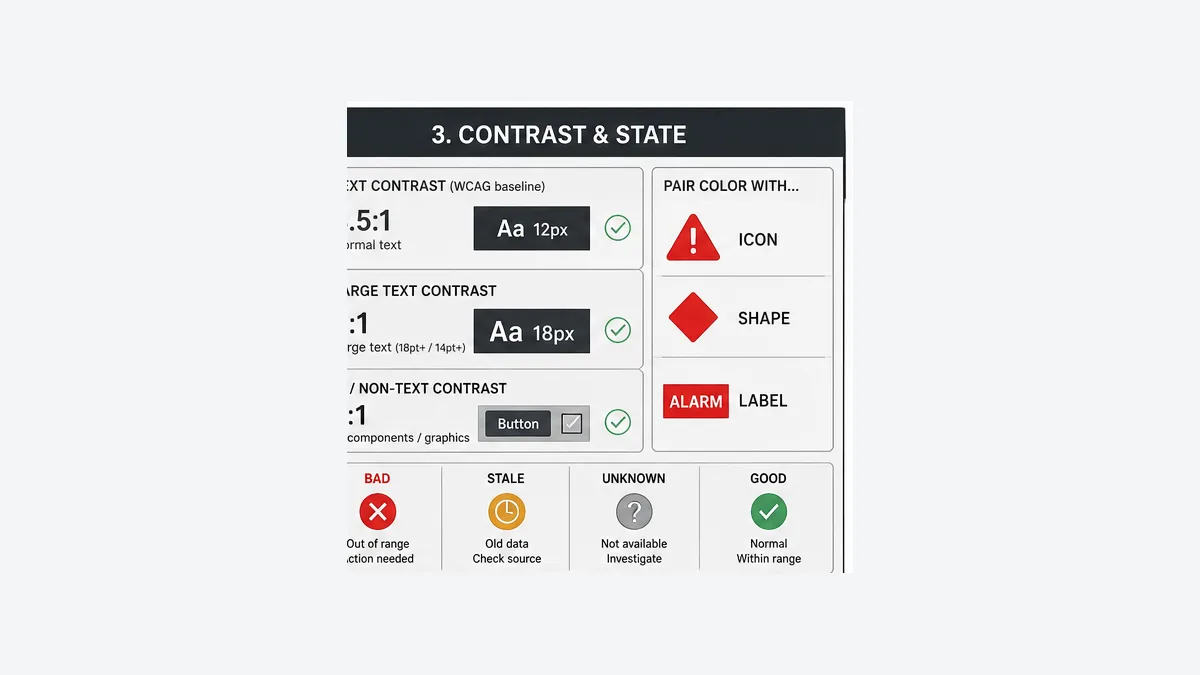 HMI contrast evidence board showing WCAG text and non-text baseline ratios plus icon shape label and explicit bad stale unknown and good state treatments