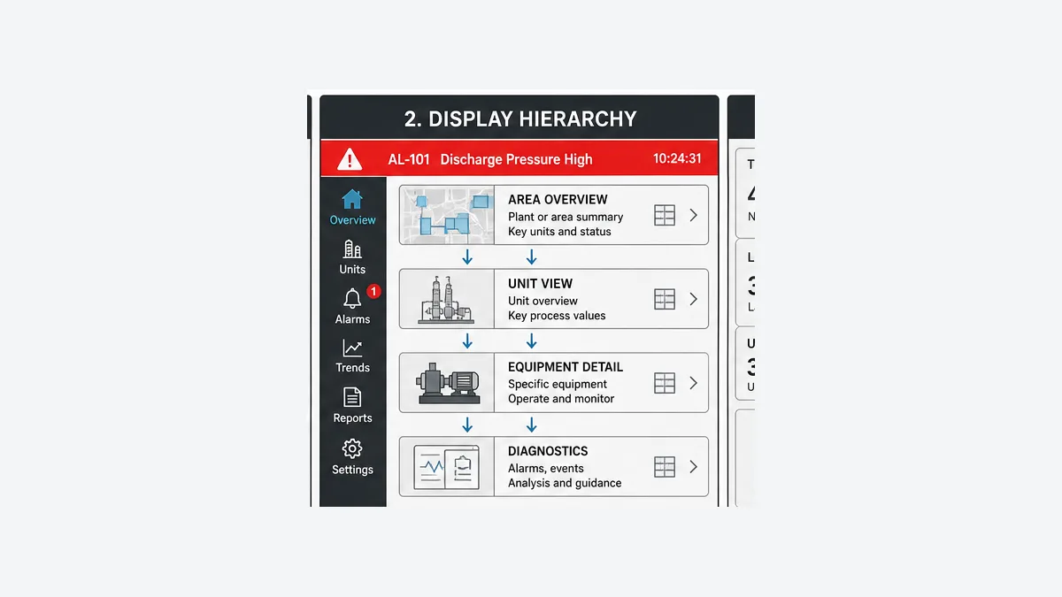 HMI display hierarchy moving from area overview to unit view equipment detail and diagnostics while global navigation and alarm context remain consistent