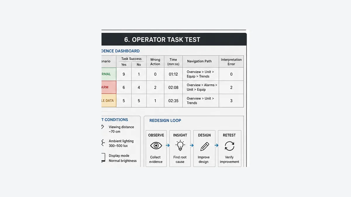 HMI operator task test dashboard measuring success wrong action time navigation interpretation errors viewing distance lighting and redesign retest cycle for normal alarm and stale data scenarios