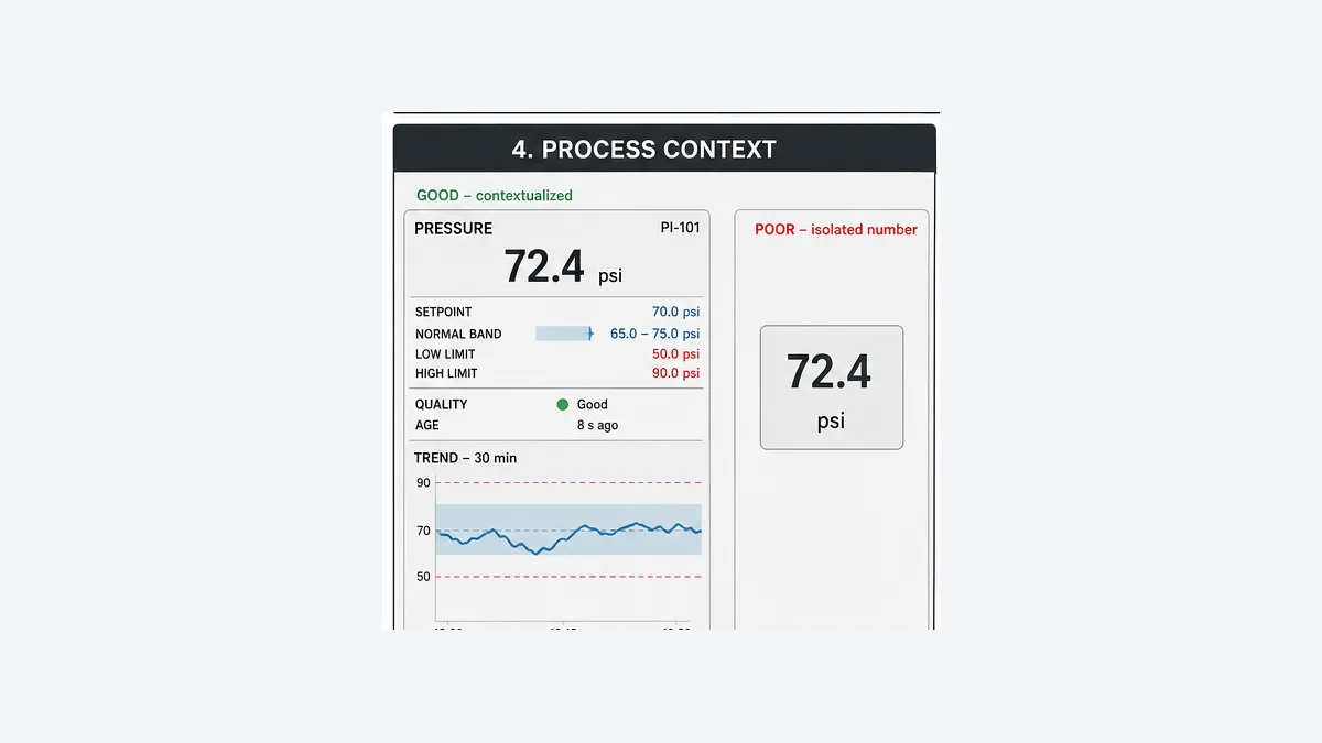 Contextual HMI pressure value with units setpoint normal band alarm limits data quality age and recent trend compared with a weak isolated number