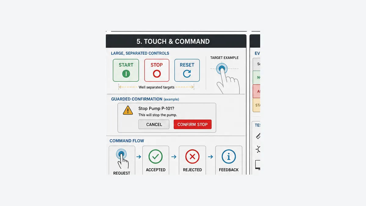 Separated HMI Start Stop and Reset touch controls with guarded confirmation and command flow from operator request to accepted rejected reason and field feedback