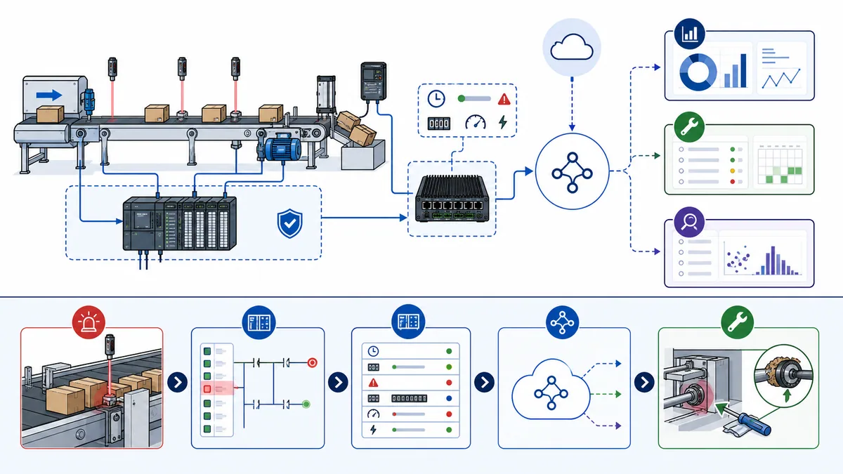 Packaging conveyor PLC and edge gateway publishing contextual state cycle fault speed and energy evidence to OEE maintenance and quality consumers with a jam event trail