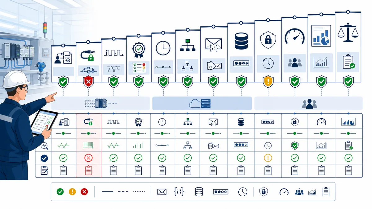 Technician commissioning an Industrial IoT PLC pipeline through source contract connection quality time broker subscriber loss security load calculation and decision evidence