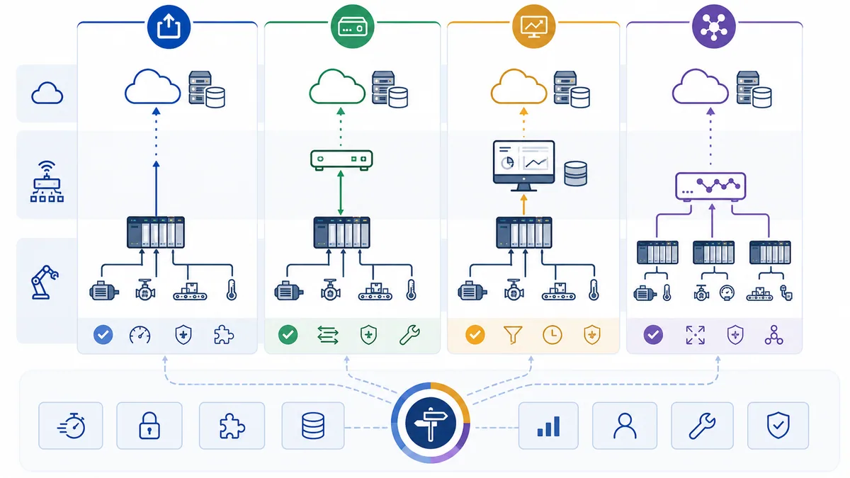 Four Industrial IoT collection patterns using PLC-native publishing an external gateway a SCADA historian forwarder and a multi-machine edge broker