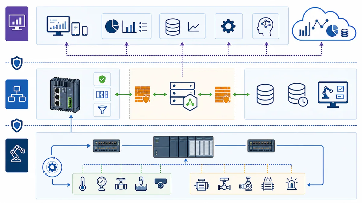 Industrial IoT architecture with a local PLC control loop separate from edge collection security boundaries broker historian MES and optional cloud analytics
