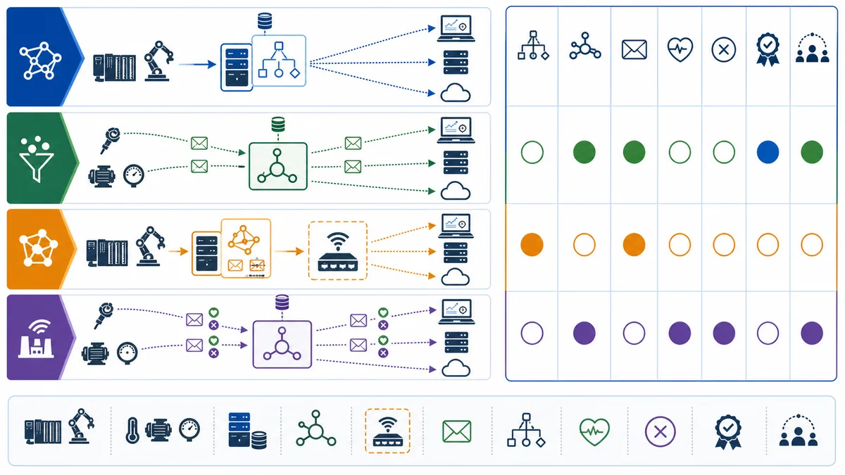 Comparison of OPC UA client server MQTT brokered messages OPC UA PubSub mappings and MQTT Sparkplug state-aware industrial messaging roles
