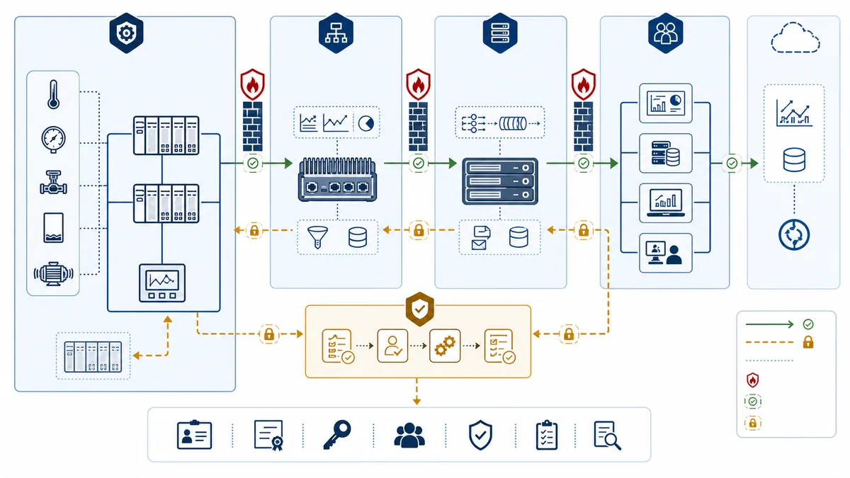 Segmented Industrial IoT zones from PLC control through edge and DMZ broker to enterprise and cloud with allowlisted telemetry and a separate validated audited write-request path