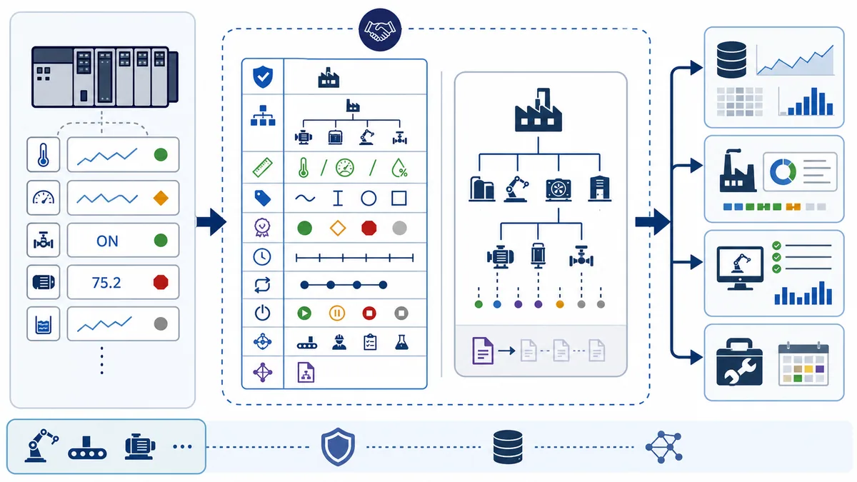 Raw PLC variables transformed into a versioned industrial data contract with asset hierarchy unit type quality time state context and multiple governed consumers