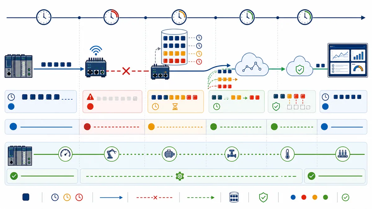 Industrial IoT timeline showing normal PLC telemetry upstream loss edge buffering stale consumer state ordered replay duplicate detection and recovered live stream while local control continues