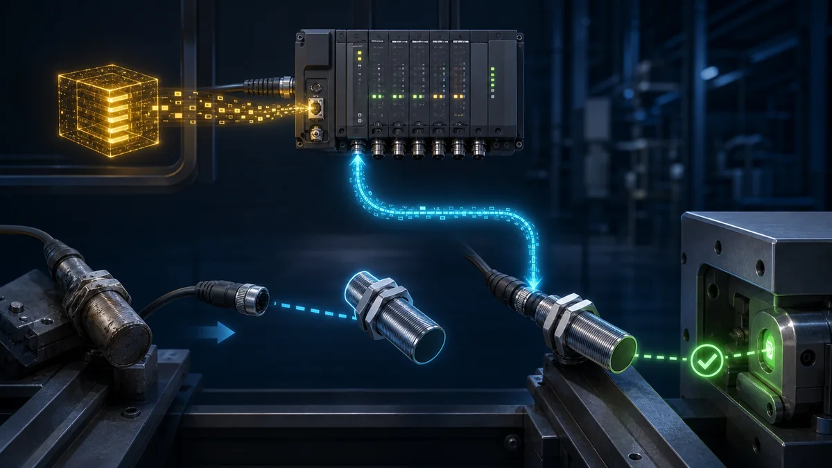 Controlled IO-Link device replacement sequence checking identity restoring approved parameters comparing values and proving function