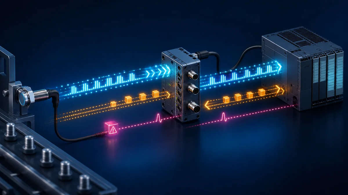 IO-Link sensor, master and PLC exchanging continuous process data, deliberate parameter requests and separate diagnostic events