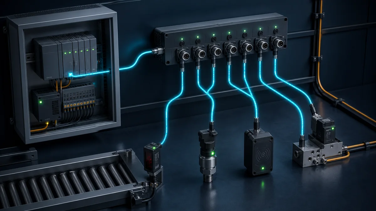 Eight-port IO-Link master connected to different point-to-point sensors and actuator while mapping one EtherNet IP assembly to a Logix PLC