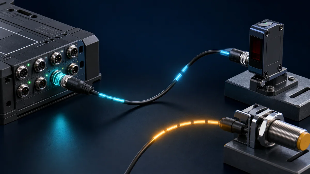 IO-Link master port connected by a specified sensor cable to a smart device beside a conventional SIO wiring path