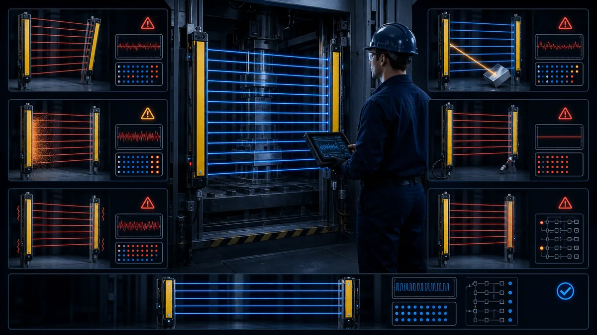 Light curtain commissioning map showing misalignment, contamination, vibration, reflection, cable or supply fault, channel discrepancy and a verified aligned field