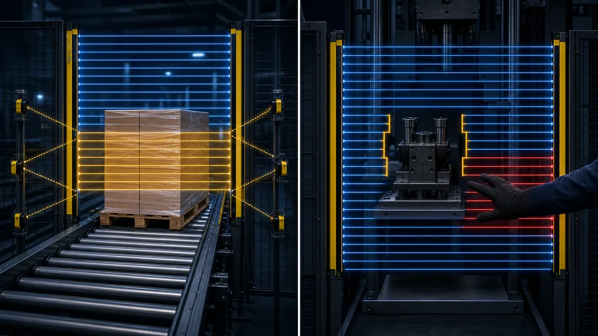Pallet passing through a sequenced muted light curtain beside a fixture occupying configured blanked beams while another hand intrusion trips the field