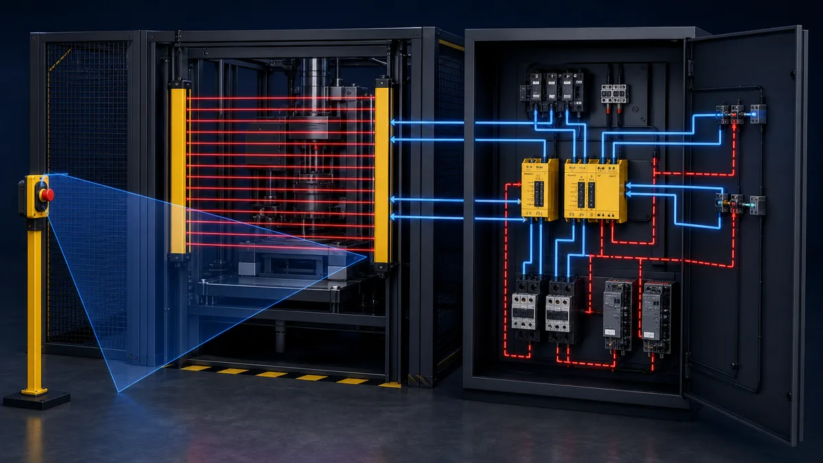 Conceptual light curtain chain with dual OSSD channels, certified safety logic, redundant final elements, feedback monitoring and a visible manual reset station