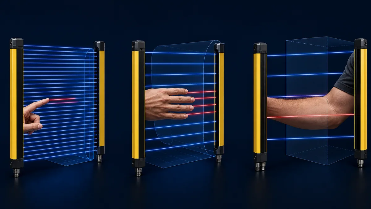 Light curtain fields with dense finger, medium hand and wider arm detection spacing and corresponding reach-through envelopes