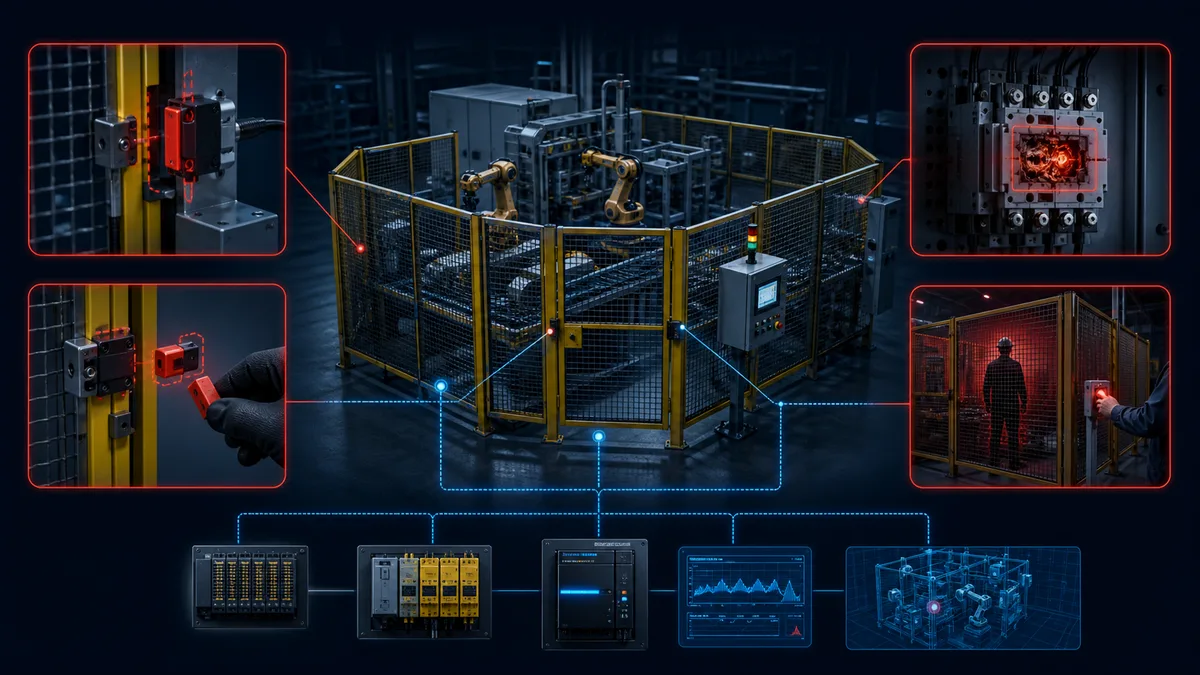 Guarded robot cell with conceptual misalignment, foreseeable defeat, welded-contactor and hidden-person reset hazards highlighted for prevention