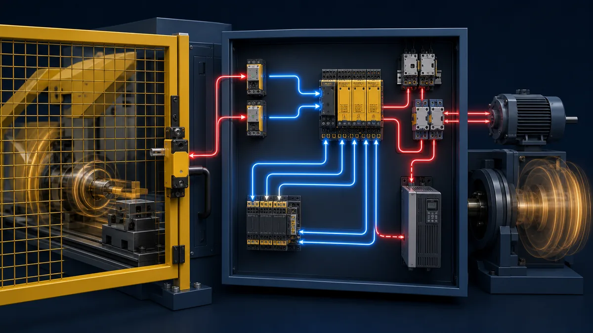 Conceptual interlocked-guard safety chain with dual inputs, certified safety logic, final switching elements, drive torque inhibition and feedback monitoring