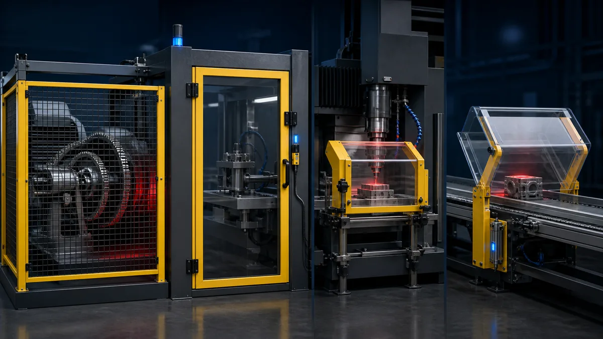 Industrial examples of fixed mesh guarding, an interlocked access door, an adjustable tool guard and a self-adjusting transparent guard