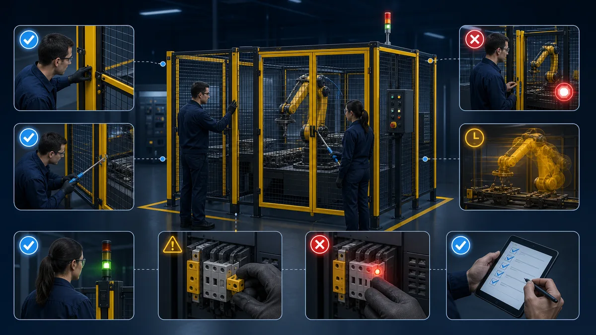 Machine-guarding validation team checking construction, reach, guard-open stopping, coast time, reset location, feedback faults and recorded evidence
