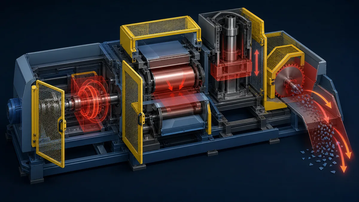 Machine cutaway showing guarded rotating, nip-point, reciprocating, cutting and ejected-material hazard zones