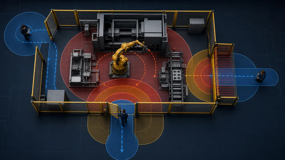 Overhead machine cell comparing fixed perimeter guarding, an interlocked access gate and a light-curtain material opening with approach and hazard zones