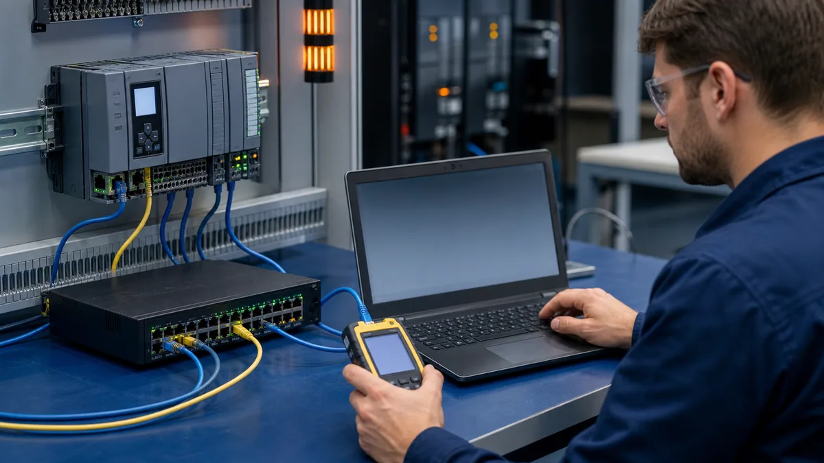 Controls technician isolating Ethernet link, laptop addressing, switch and compact PLC identity on a training network
