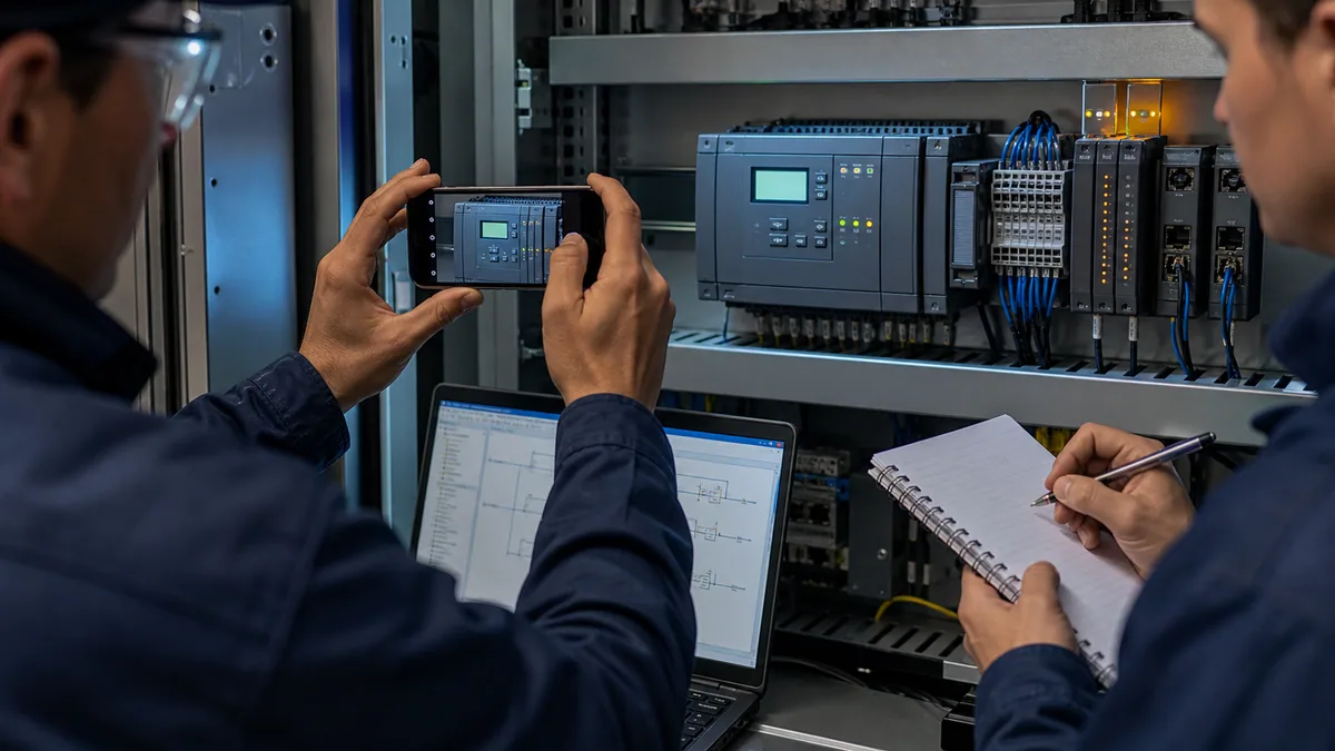 Technician photographing a compact PLC display and status LEDs while a second person records fault conditions before reset