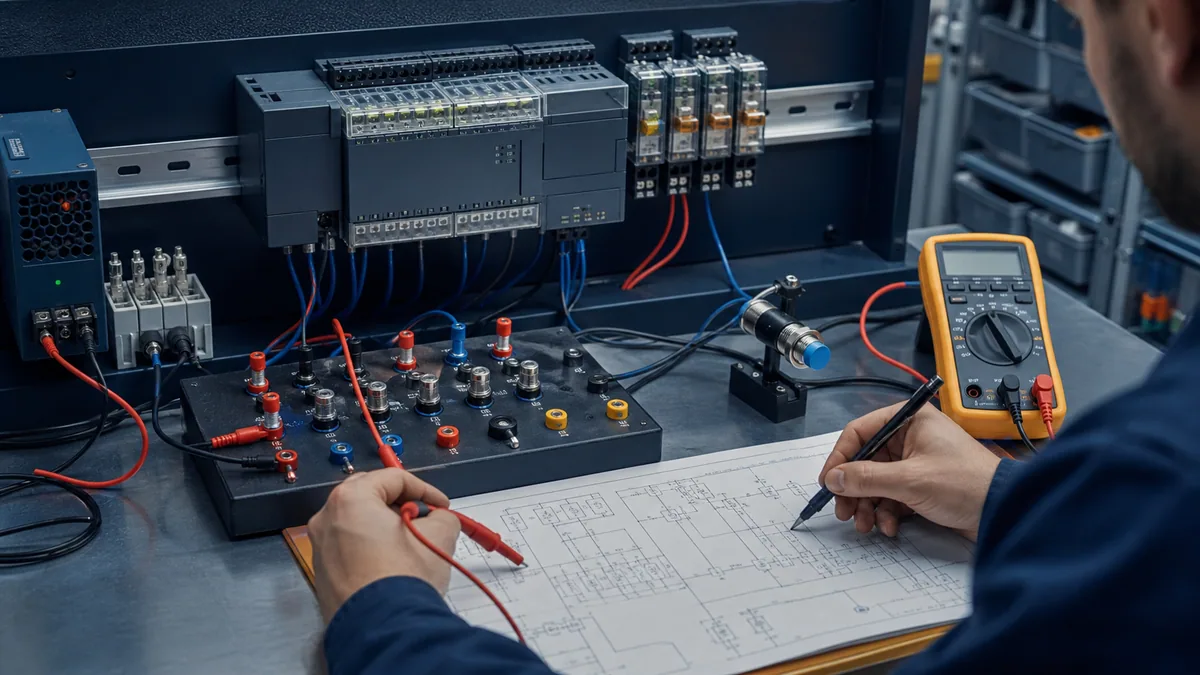 De-energized compact PLC I/O training bench with fused test points, sensor simulator, relay loads and multimeter