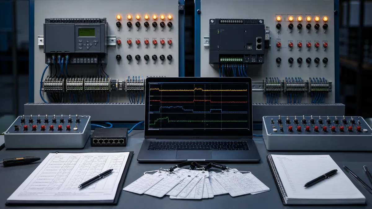 Side-by-side legacy compact PLC and modern micro controller acceptance panels with matched input simulators and trend evidence