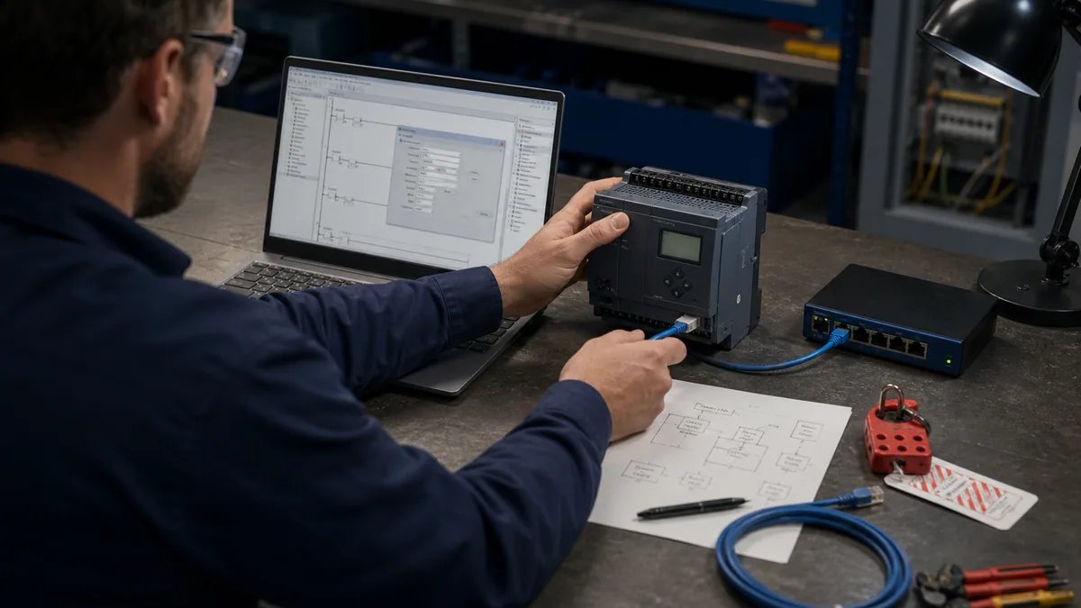 Technician connecting an isolated engineering laptop to a vendor-neutral compact PLC over Ethernet after recording identity and address data