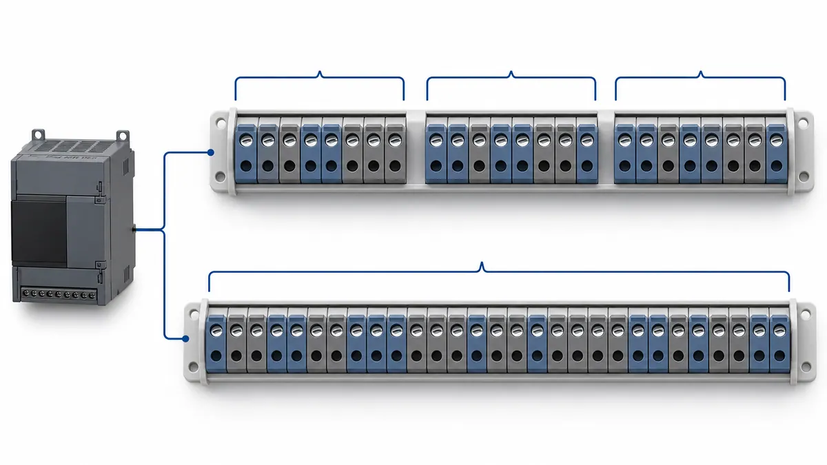 PLC expansion I/O address groups mapped to field terminal blocks and signal names