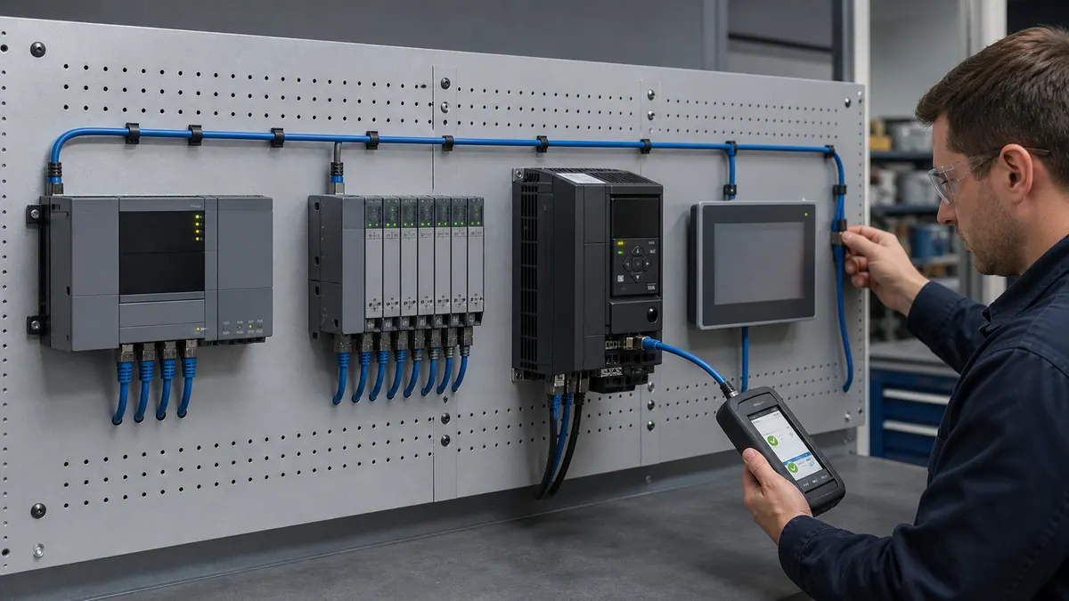 Distributed PLC expansion topology showing controller, network adapter and remote I/O stations