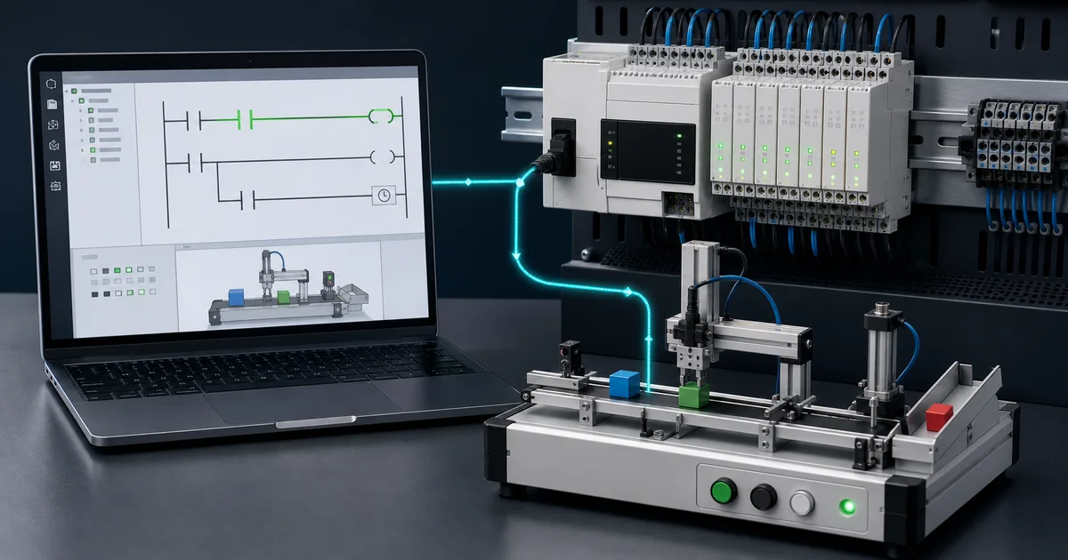 Editorial illustration of a monitored ladder program connected to a modern Mitsubishi FX-class PLC and a tabletop conveyor training cell.