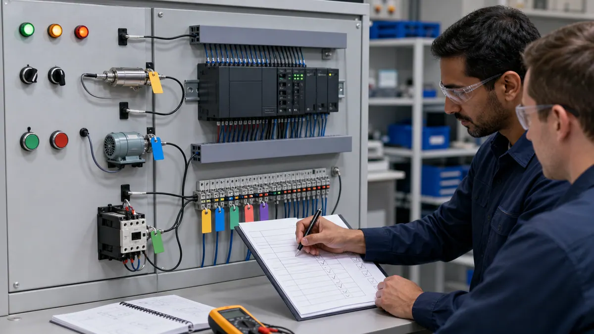 Two commissioning engineers performing point-to-point PLC I/O checkout with colored field-device tags, terminal mapping, pilot devices, and a checked verification sheet.