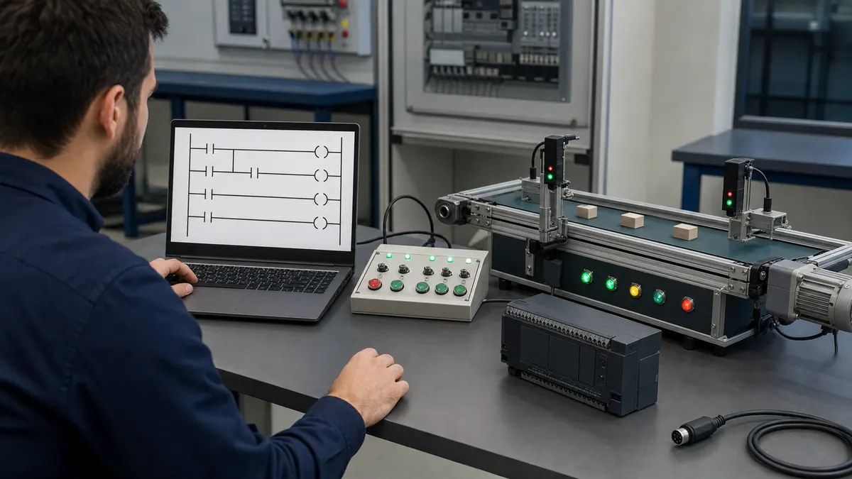 Engineer testing generic ladder logic with an I/O simulator and tabletop conveyor while the physical compact PLC remains visibly disconnected.