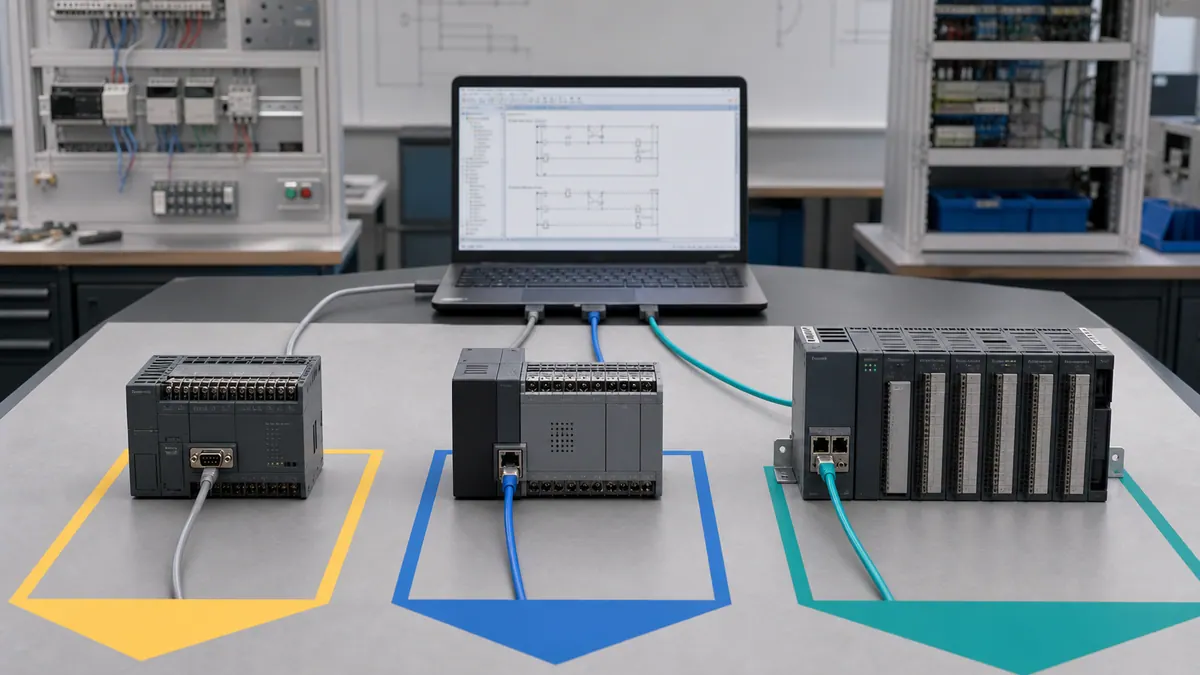 Three generations of generic compact and modular PLC hardware arranged in separate engineering-software compatibility lanes leading to one programming workstation.