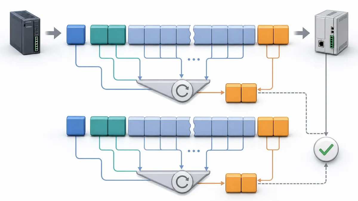 Modbus RTU byte-flow diagram grouping address, function, data, and CRC fields while sender and receiver independently validate the checksum.
