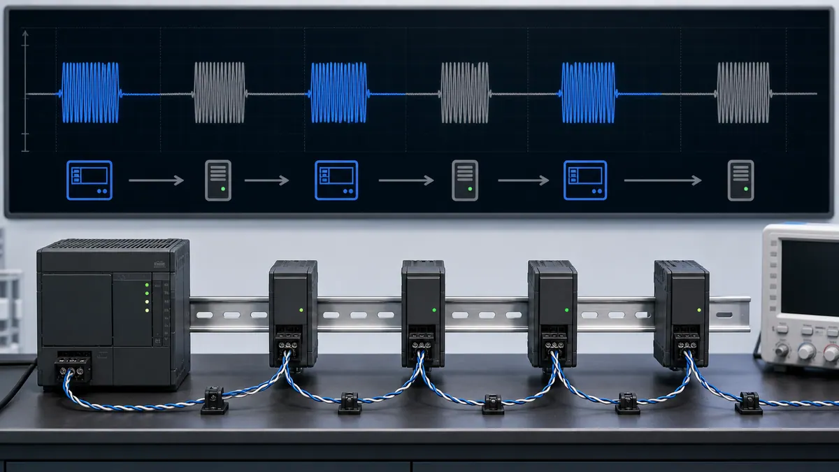 Modbus request and response timing bench showing sequential polling delays across several field devices under a measured test load