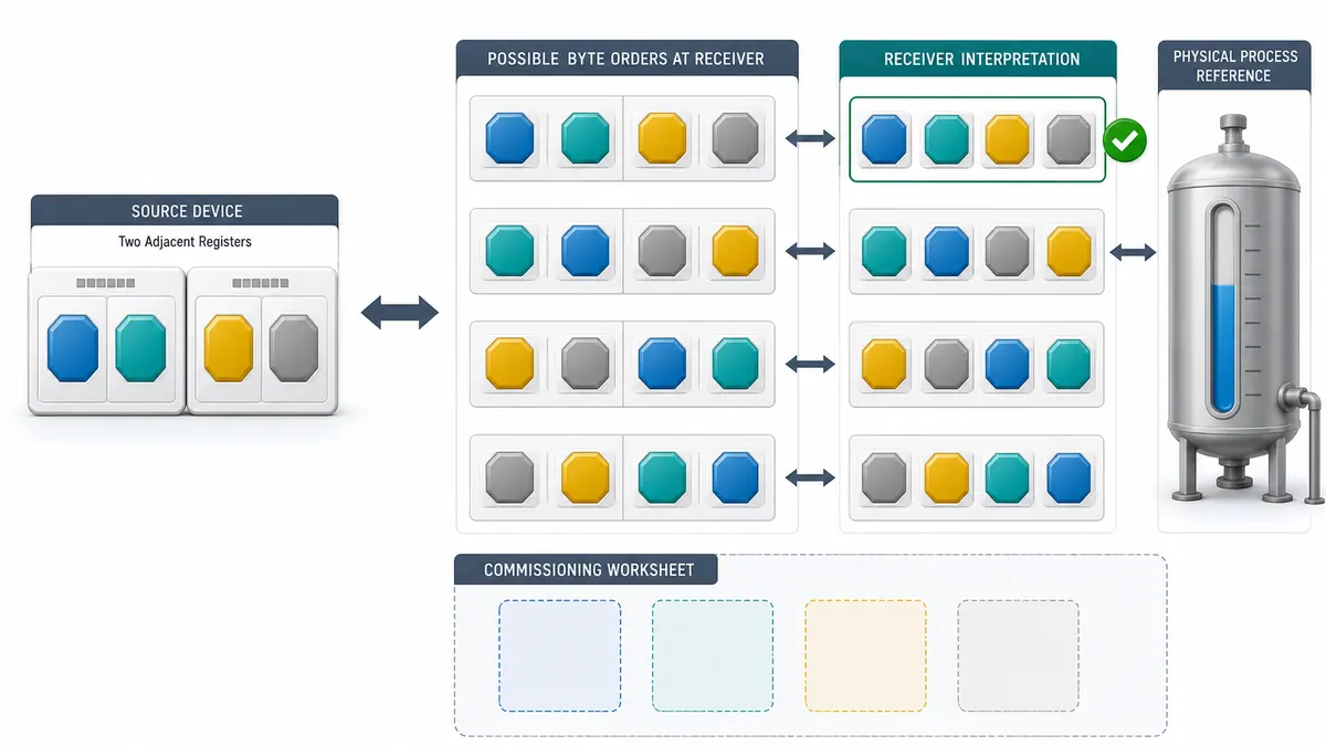 Two adjacent Modbus registers mapped through alternative byte and word orders before the receiving PLC interprets a multi-register process value.