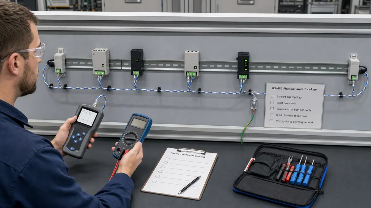 Technician validating an RS-485 trunk with short device drops, end termination, controlled shield bonding, and isolated low-voltage test instruments.