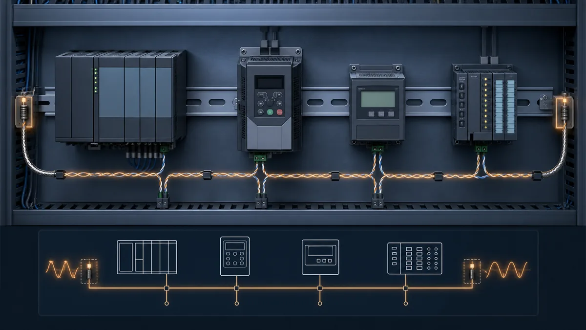 Modbus RTU controller and multiple field devices wired as an RS 485 daisy chain with termination at both physical ends