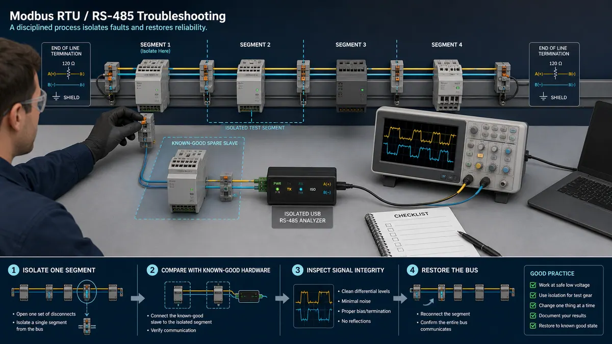 Technician isolating one RS-485 segment and comparing it with a known-good slave while a serial analyzer and oscilloscope inspect communication quality.