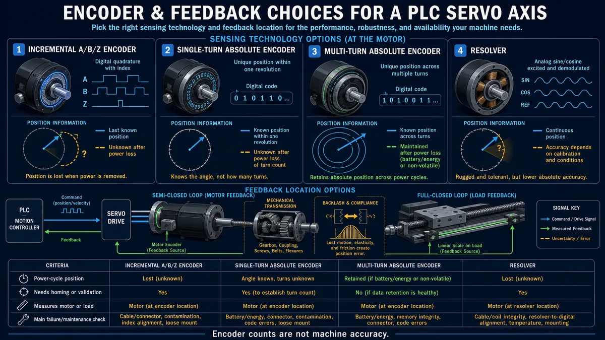 Incremental absolute and resolver feedback choices plus motor-encoder semi-closed loop and load-scale full-closed-loop measurement boundaries