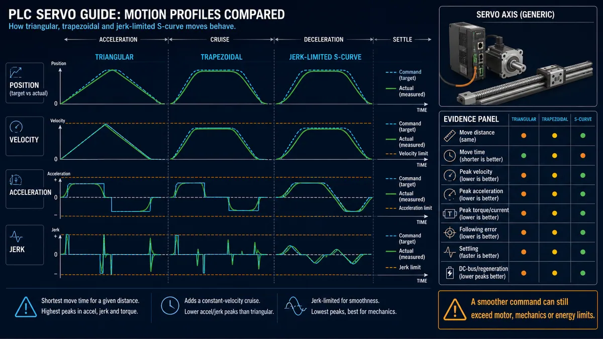 Conceptual triangular trapezoidal and jerk-limited S-curve motion profiles with aligned position velocity acceleration jerk and servo evidence signals