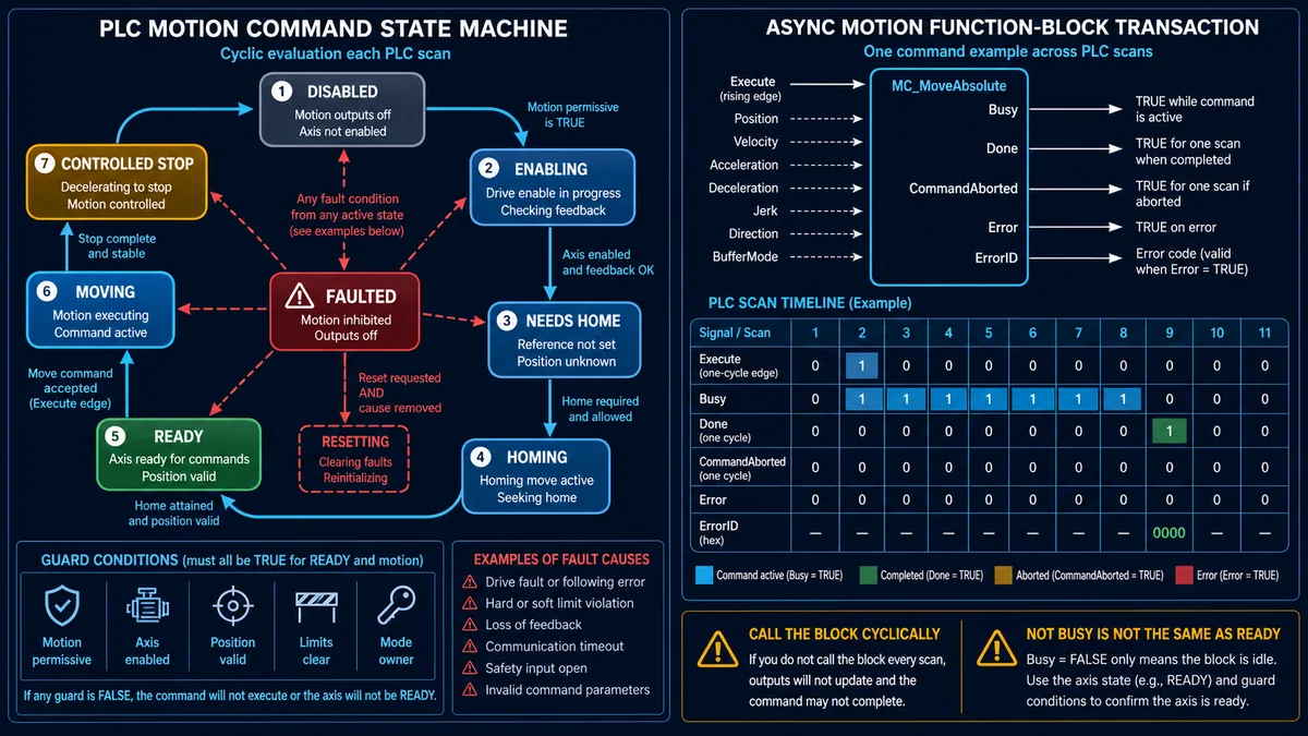 PLC servo-axis state machine and asynchronous motion command transaction across scans with Execute Busy Done CommandAborted Error and ErrorID