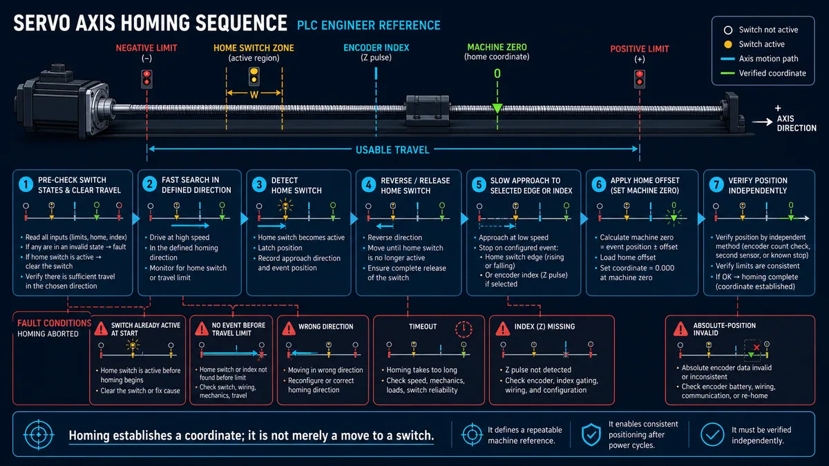 Servo axis homing sequence from pre-check and fast search through switch release slow edge or index approach offset and independent coordinate verification
